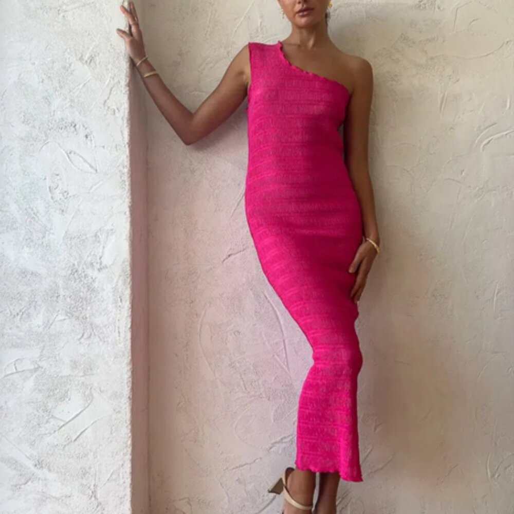 L’IDEE One-Shoulder Fitted Maxi Dress in Hot Pink
